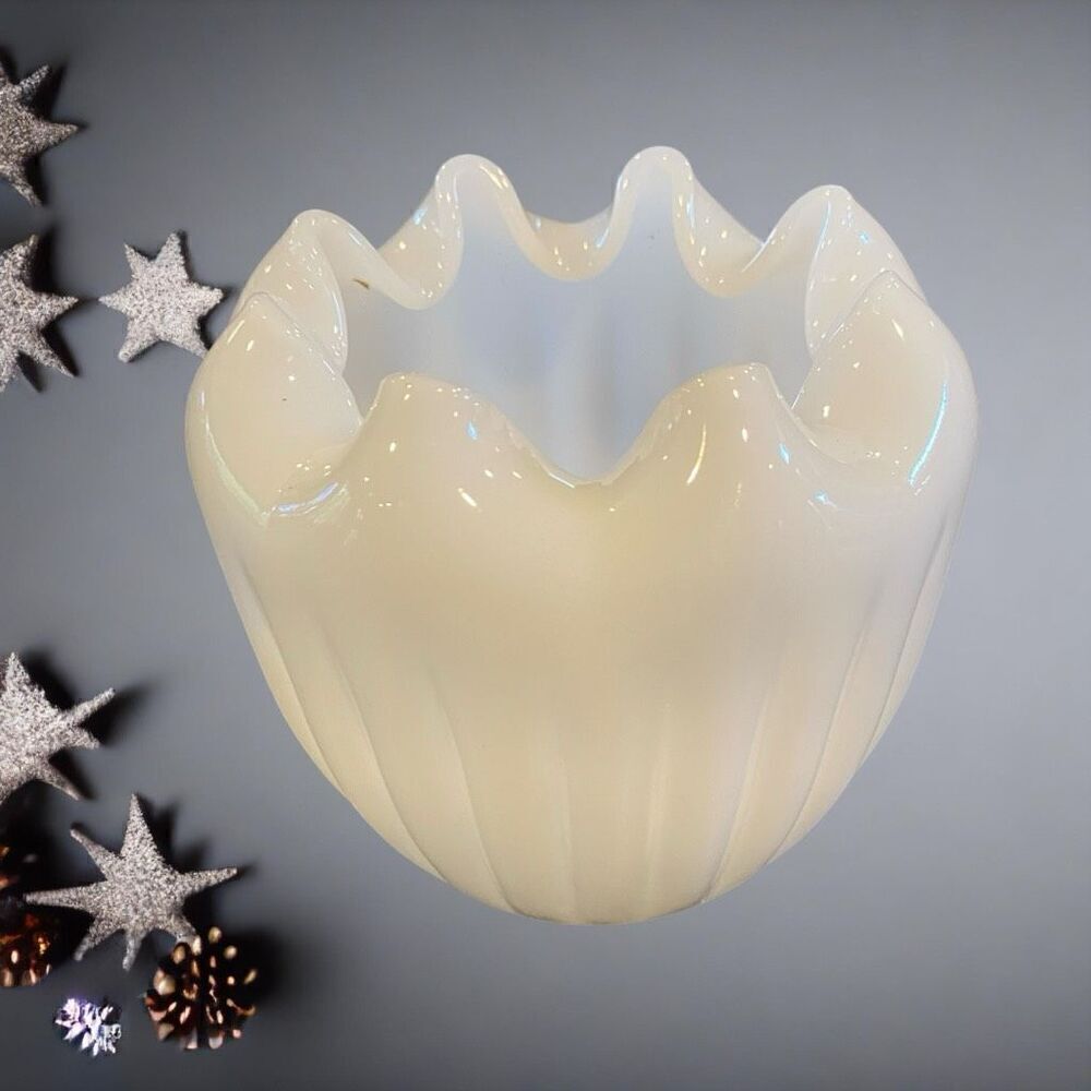 Vintage Fenton Milk Glass Crimped Ruffle Rose Bowl